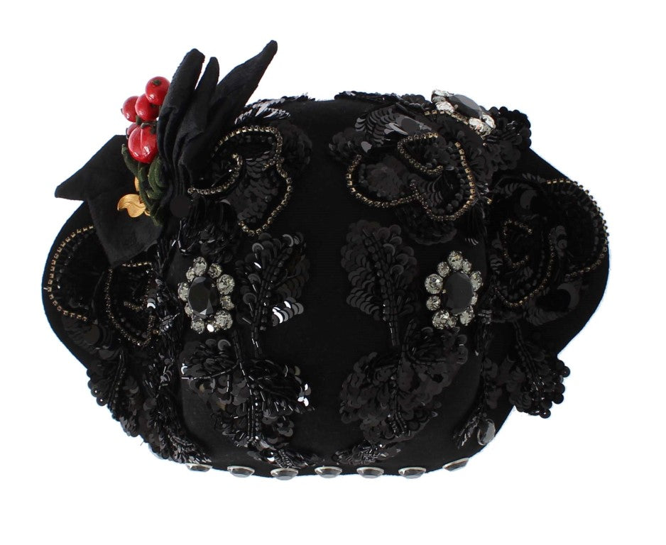 Dolce & Gabbana Black Crystal Gold Cherry Brooch Hat-4