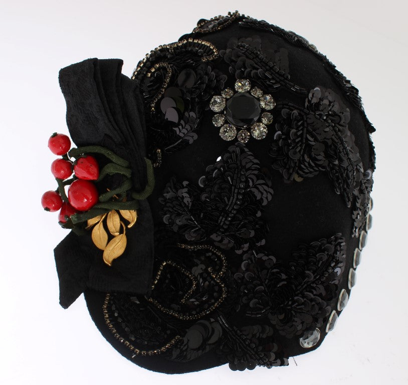 Dolce & Gabbana Black Crystal Gold Cherry Brooch Hat-5