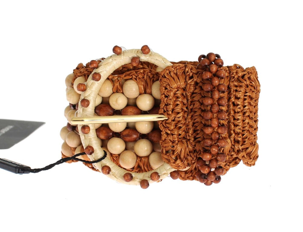 Dolce & Gabbana Brauner Raffia Holz Perlen breiter Taillengürtel-1
