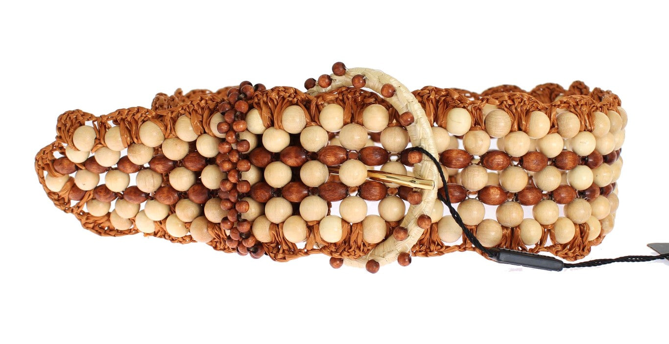 Dolce & Gabbana Brauner Raffia Holz Perlen breiter Taillengürtel-2