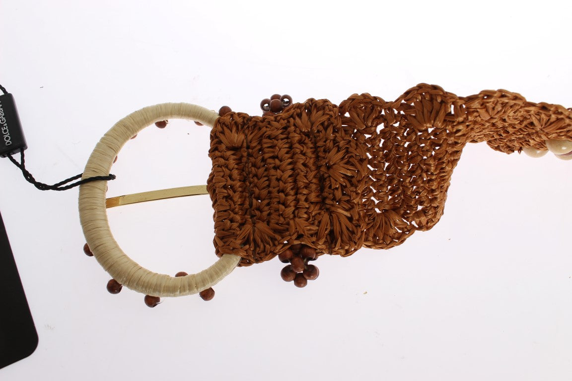 Dolce & Gabbana Brauner Raffia Holz Perlen breiter Taillengürtel-4