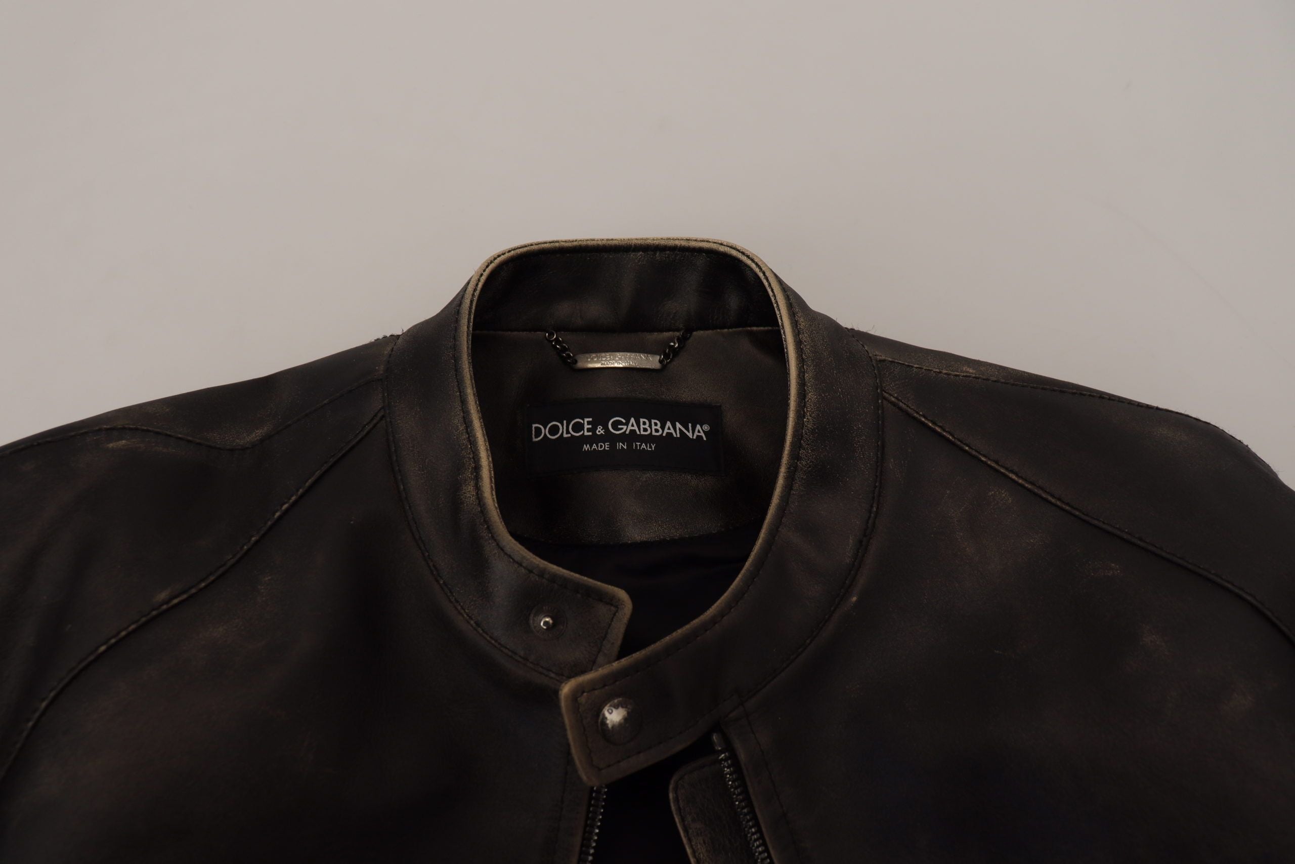 Dolce & Gabbana Black Leather Biker Coat with Zip Jacket-7
