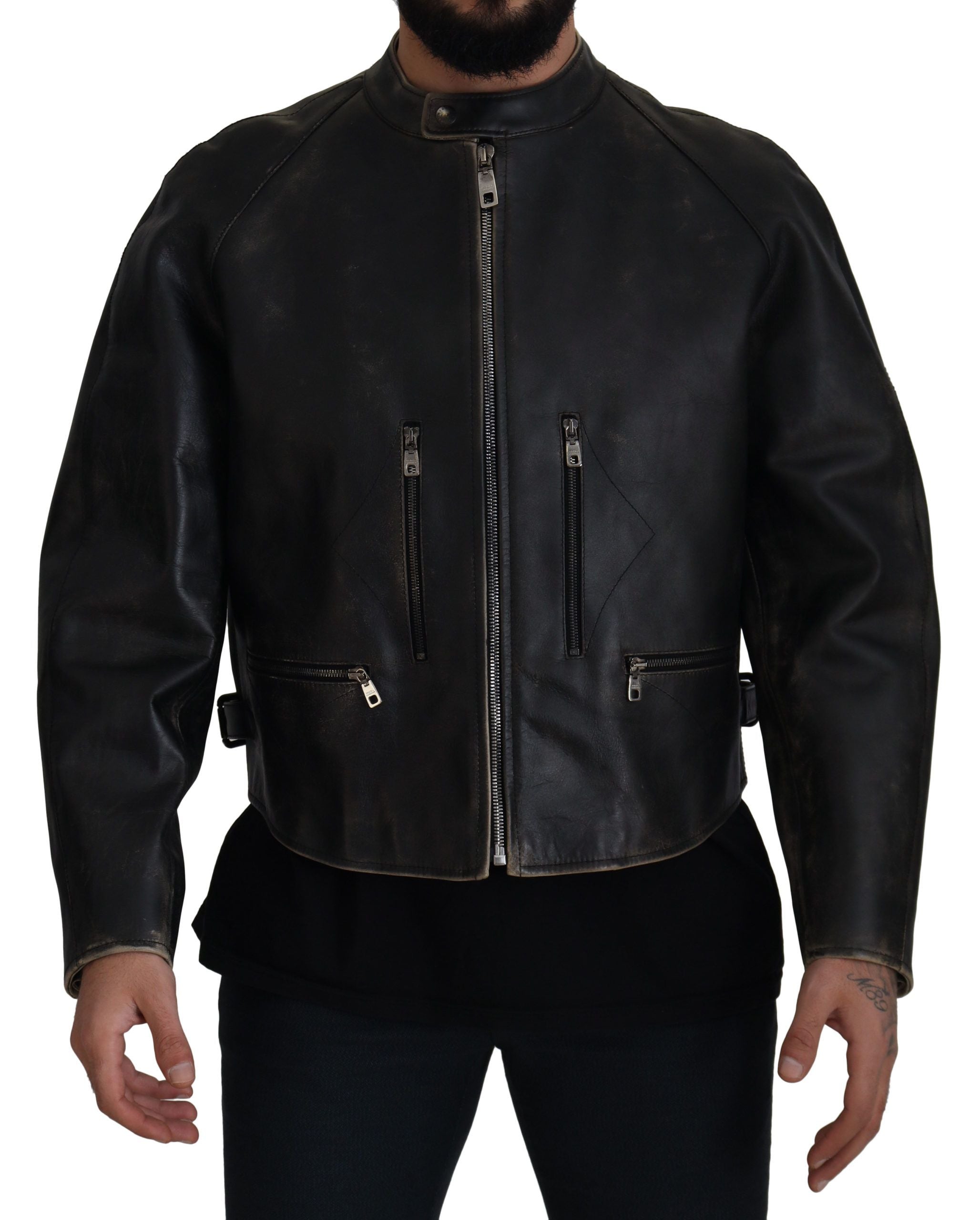 Dolce & Gabbana Black Leather Biker Coat with Zip Jacket-2