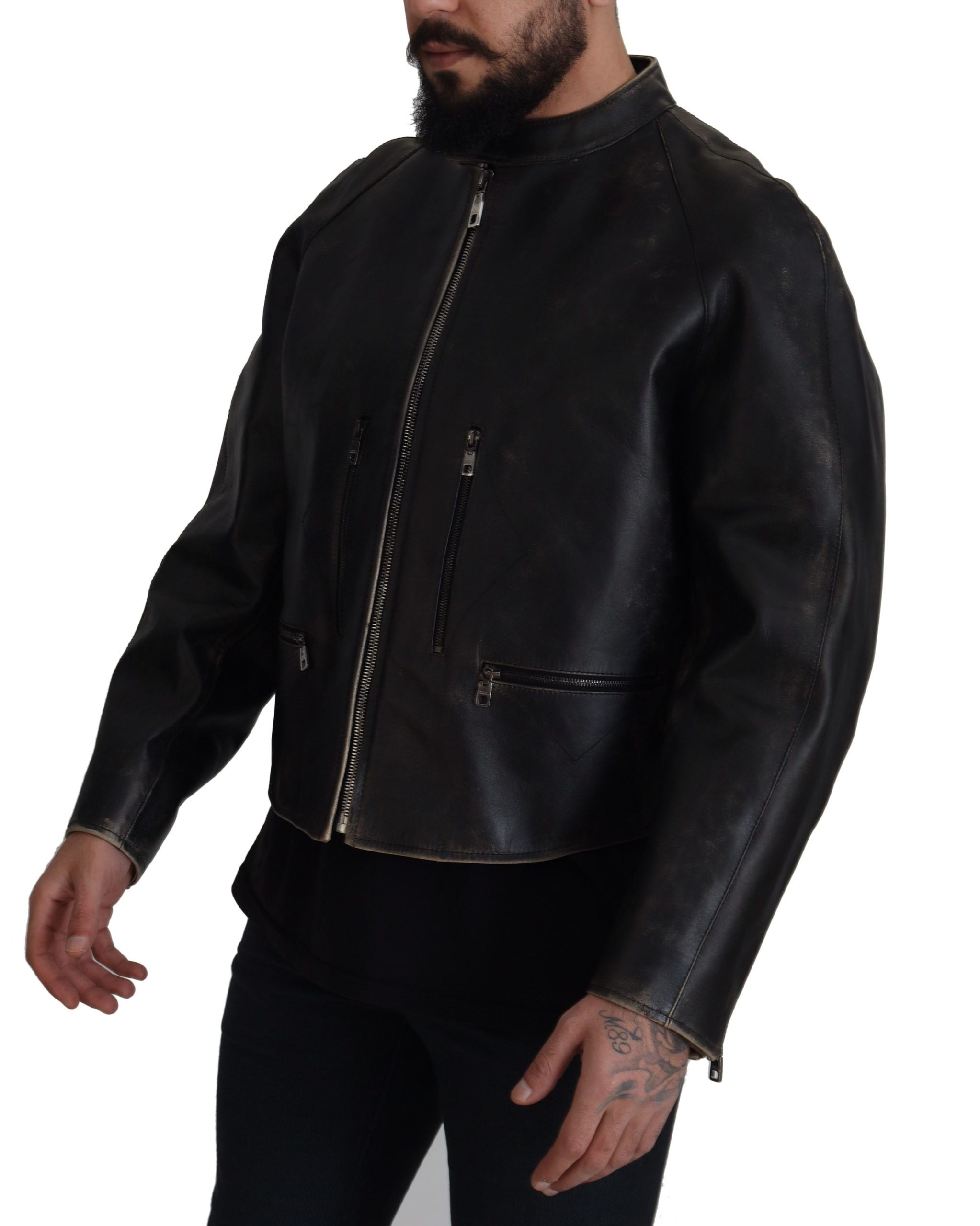 Dolce & Gabbana Black Leather Biker Coat with Zip Jacket-3