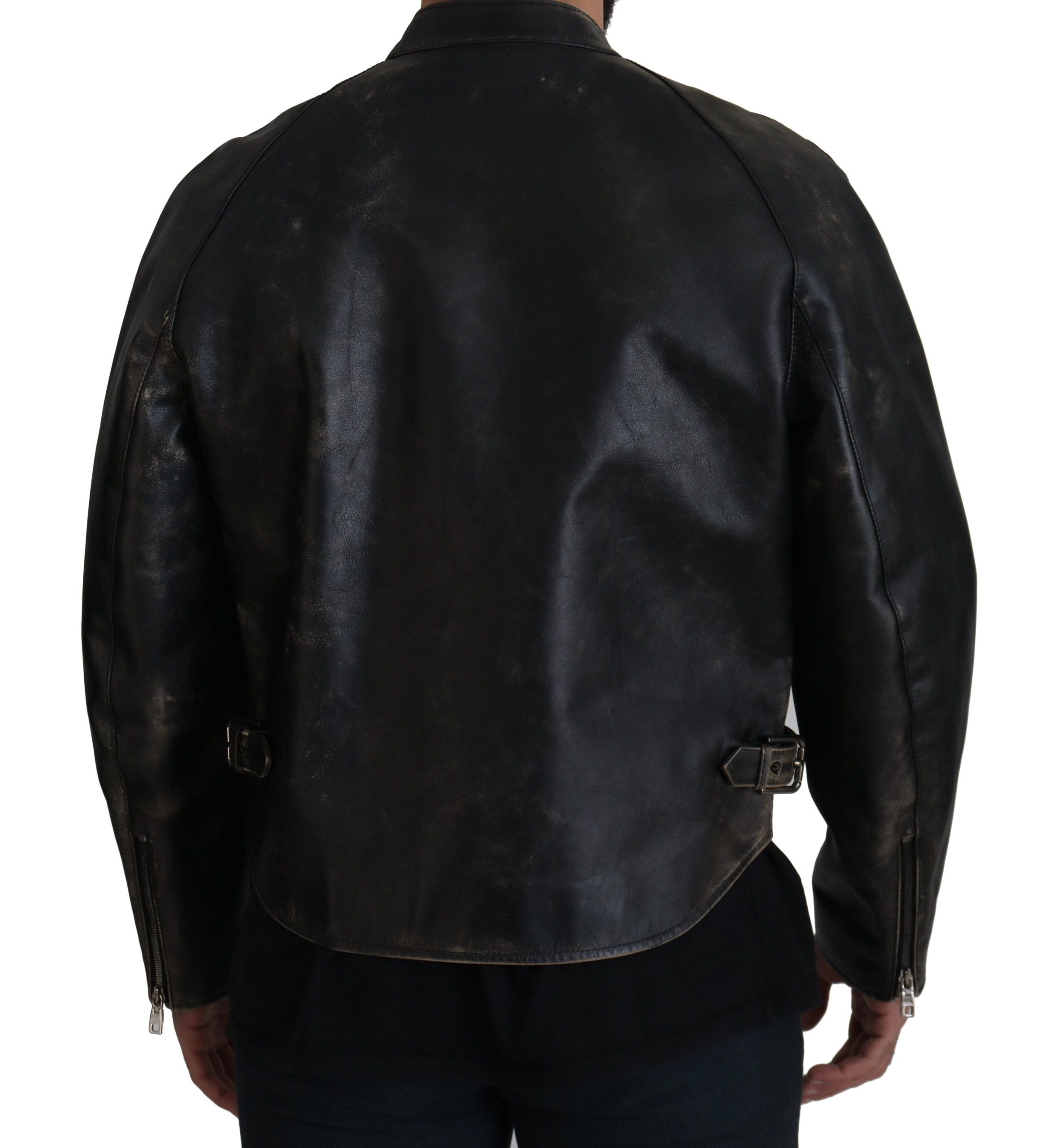 Dolce & Gabbana Black Leather Biker Coat with Zip Jacket-6