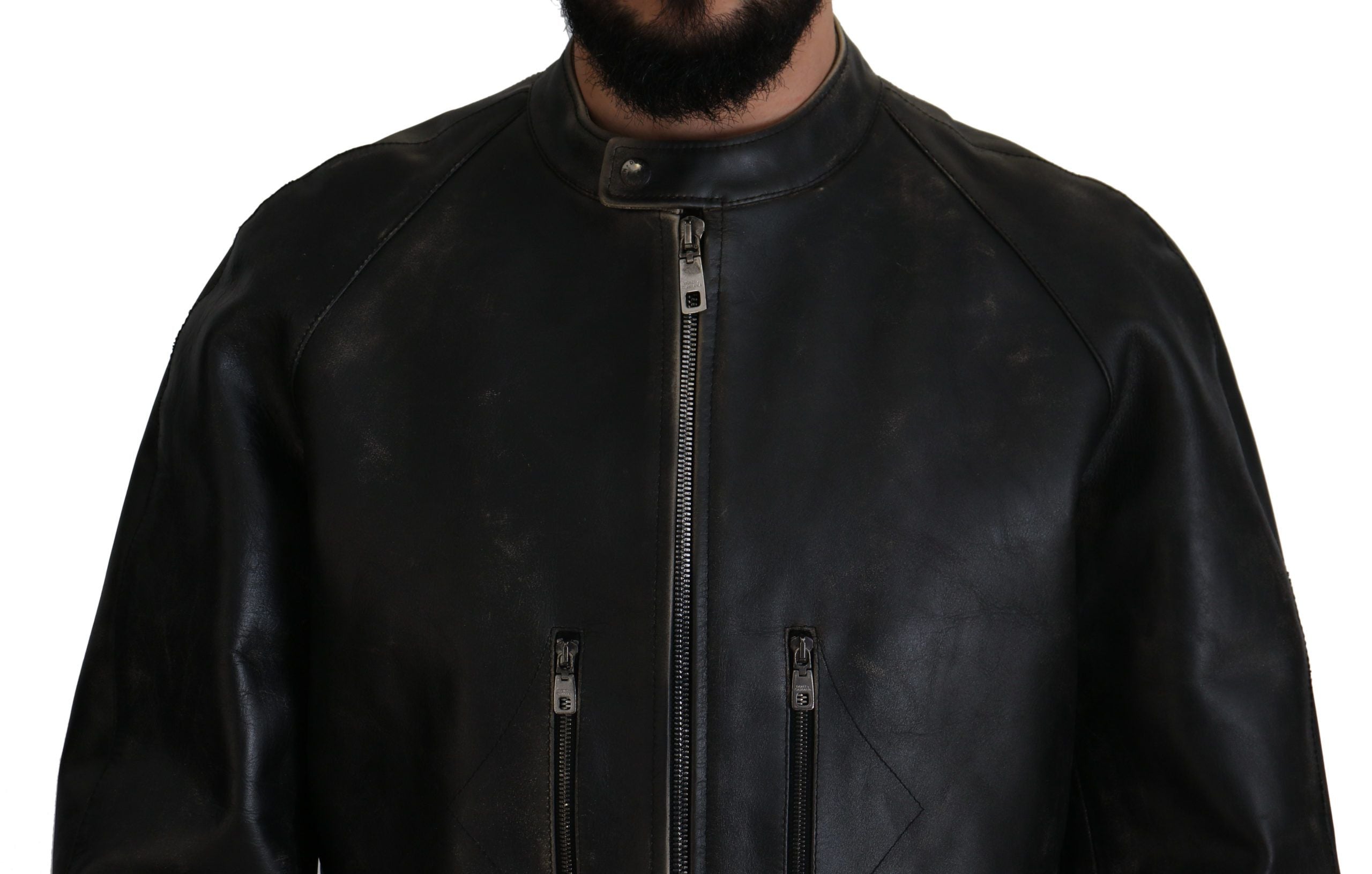 Dolce & Gabbana Black Leather Biker Coat with Zip Jacket-5