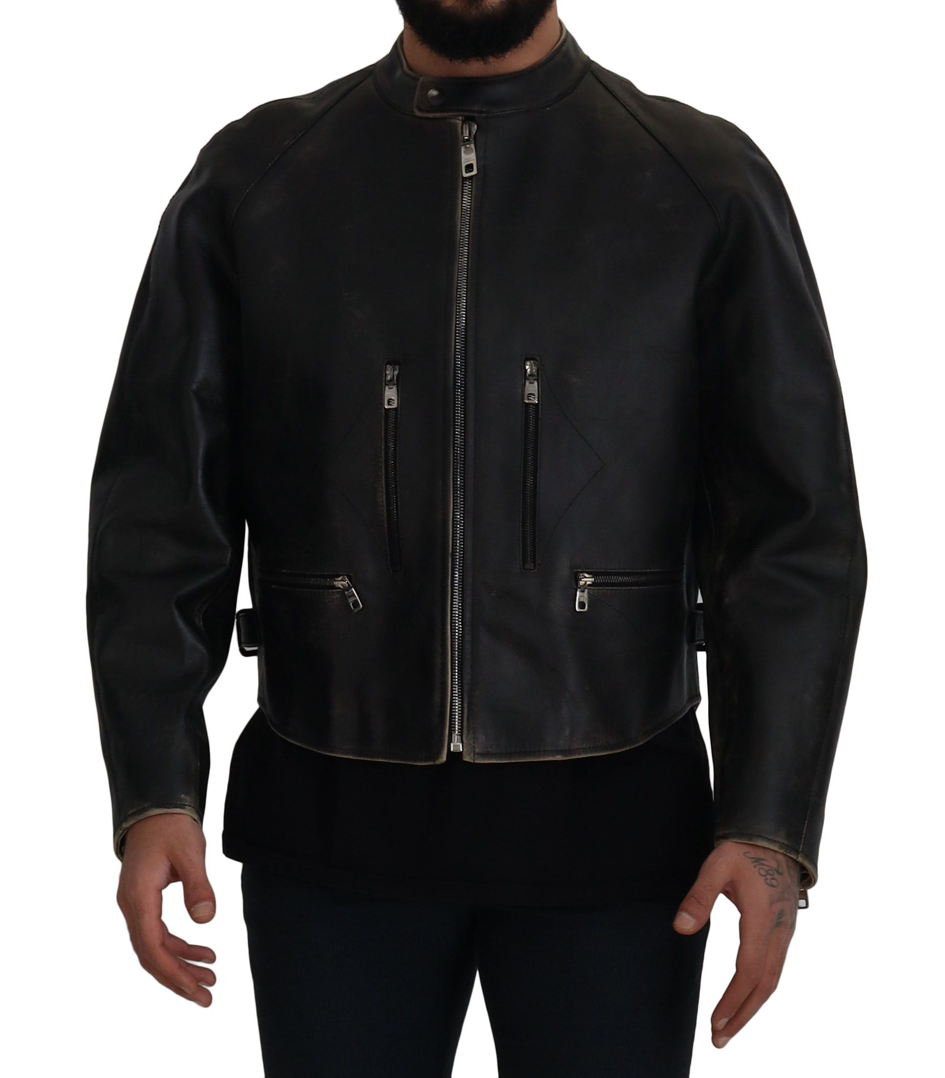 Dolce & Gabbana Black Leather Biker Coat with Zip Jacket