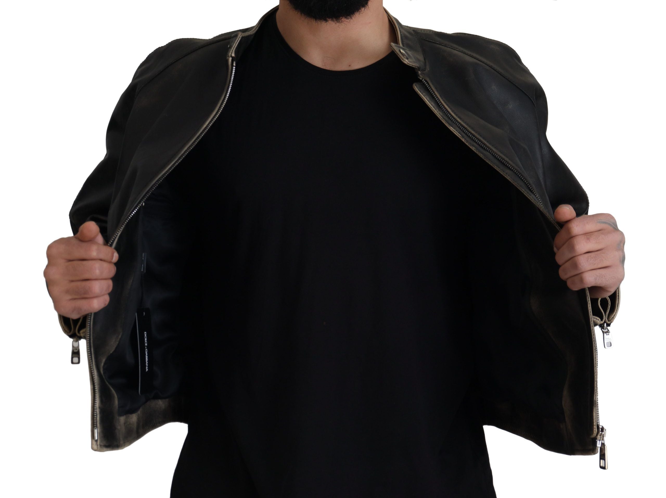 Dolce & Gabbana Black Leather Biker Coat with Zip Jacket-4