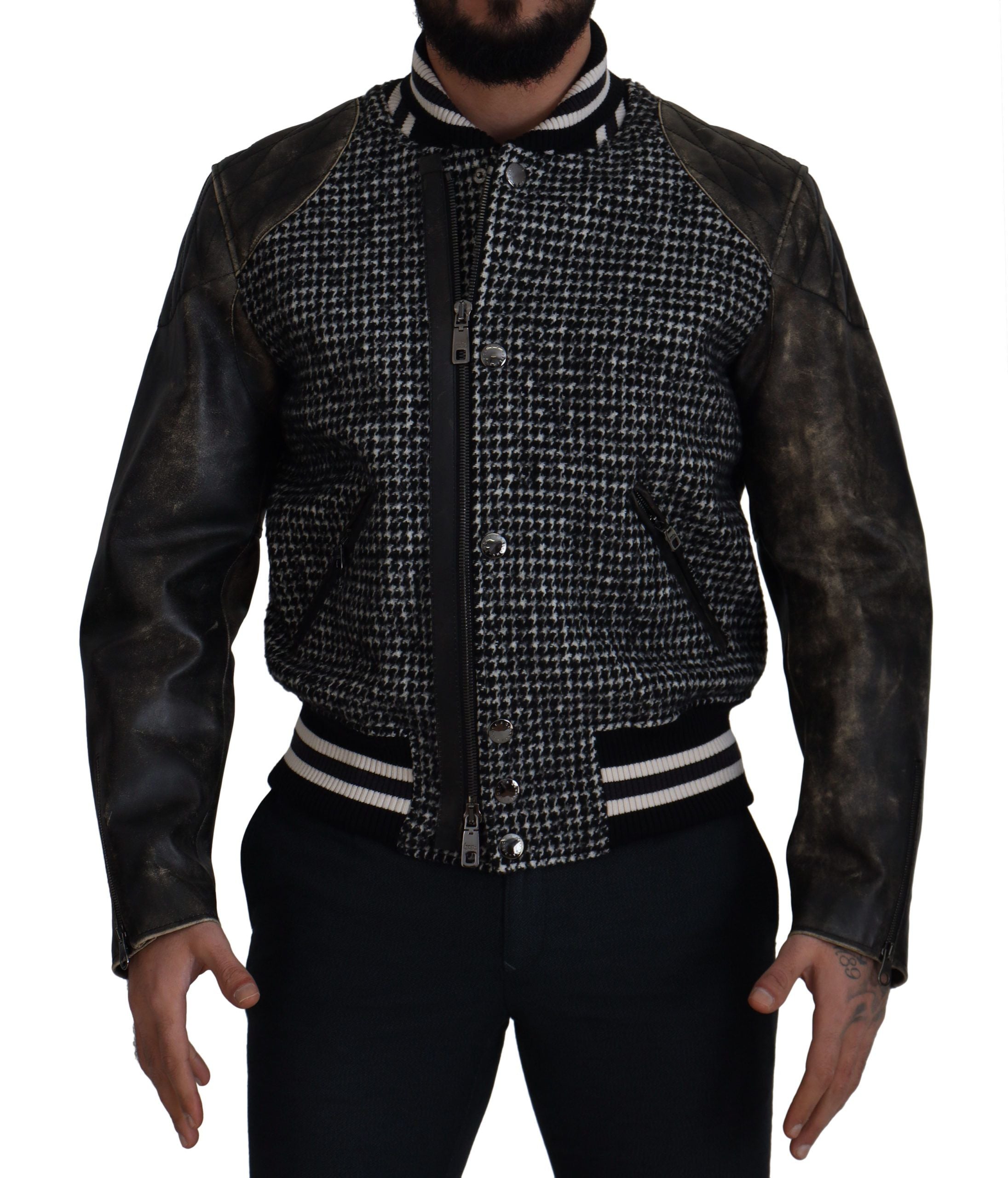Dolce & Gabbana black bomber jacket in polyester with houndstooth pattern