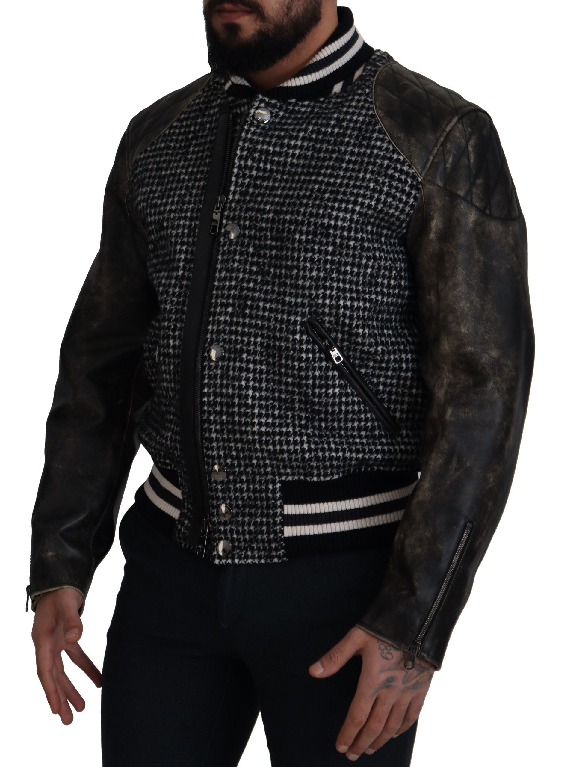 Dolce & Gabbana black bomber jacket in polyester with houndstooth pattern-4
