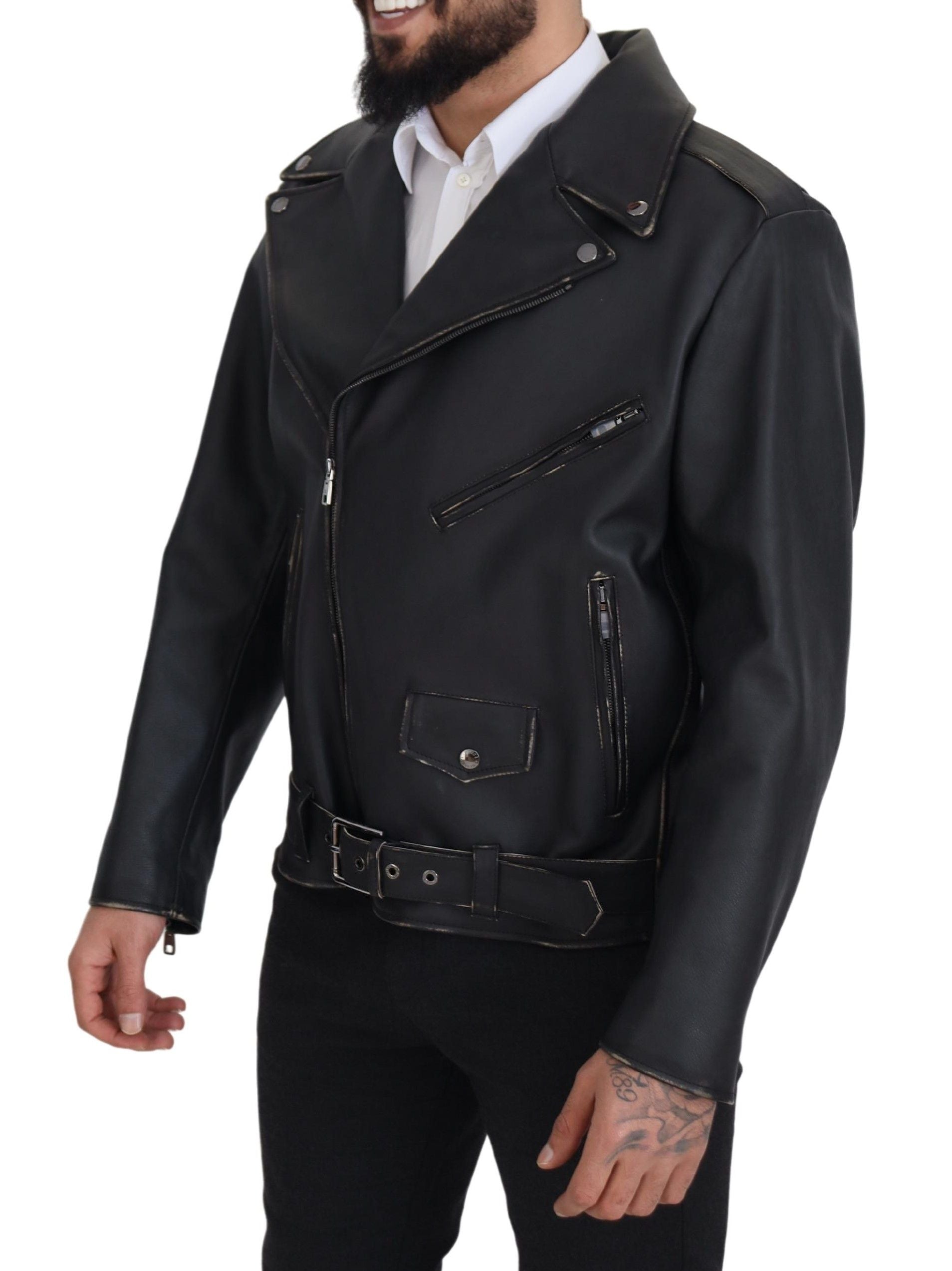 Dolce & Gabbana Black Leather Biker Coat Zipper Jacket-2