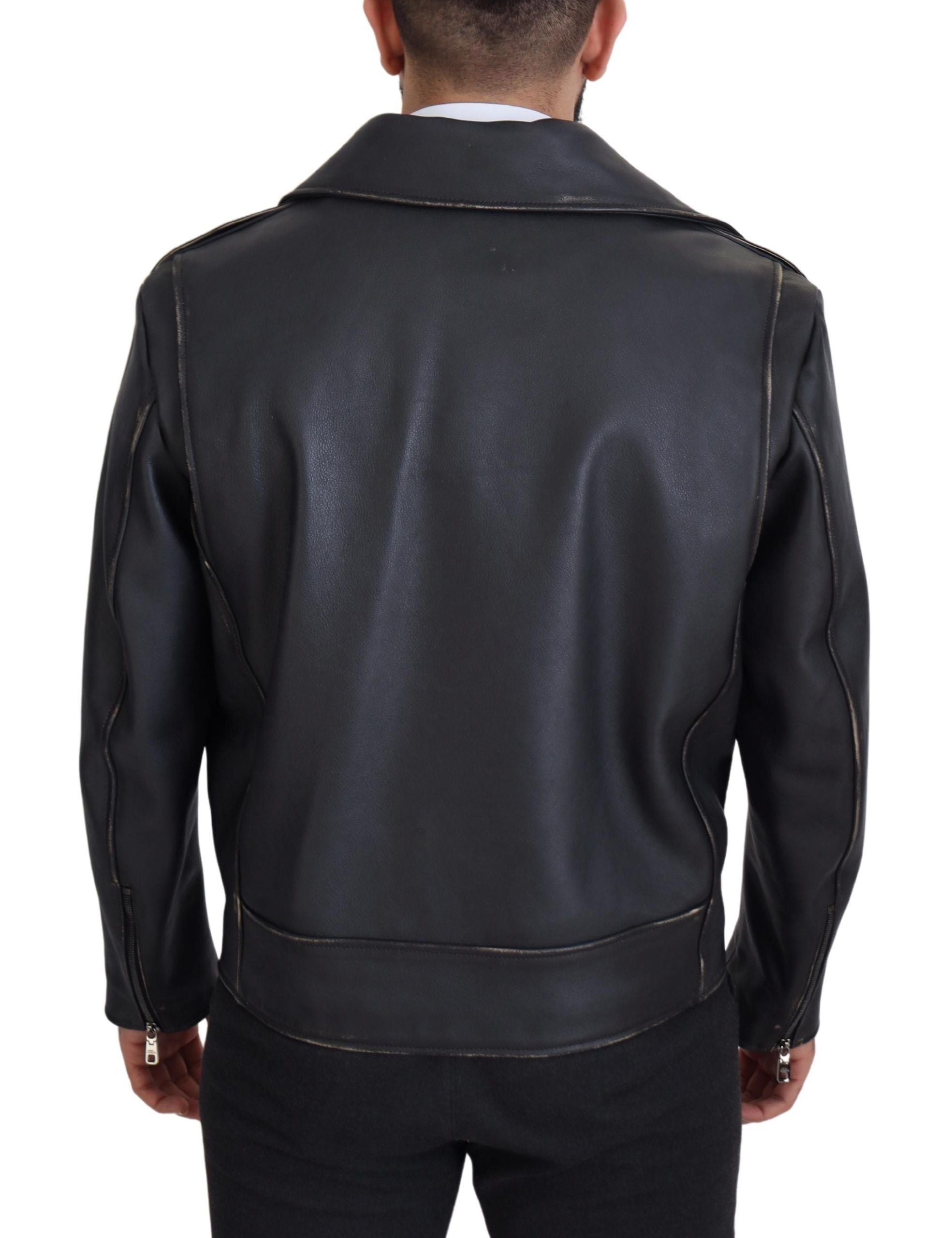 Dolce & Gabbana Black Leather Biker Coat Zipper Jacket-3
