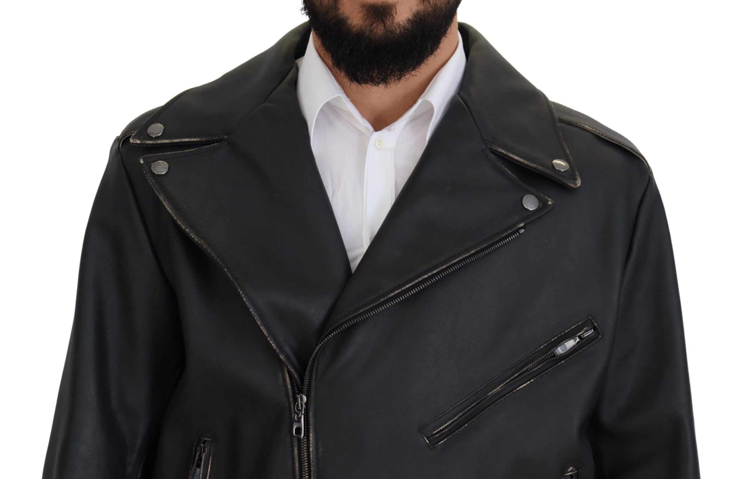 Dolce & Gabbana Black Leather Biker Coat Zipper Jacket-4
