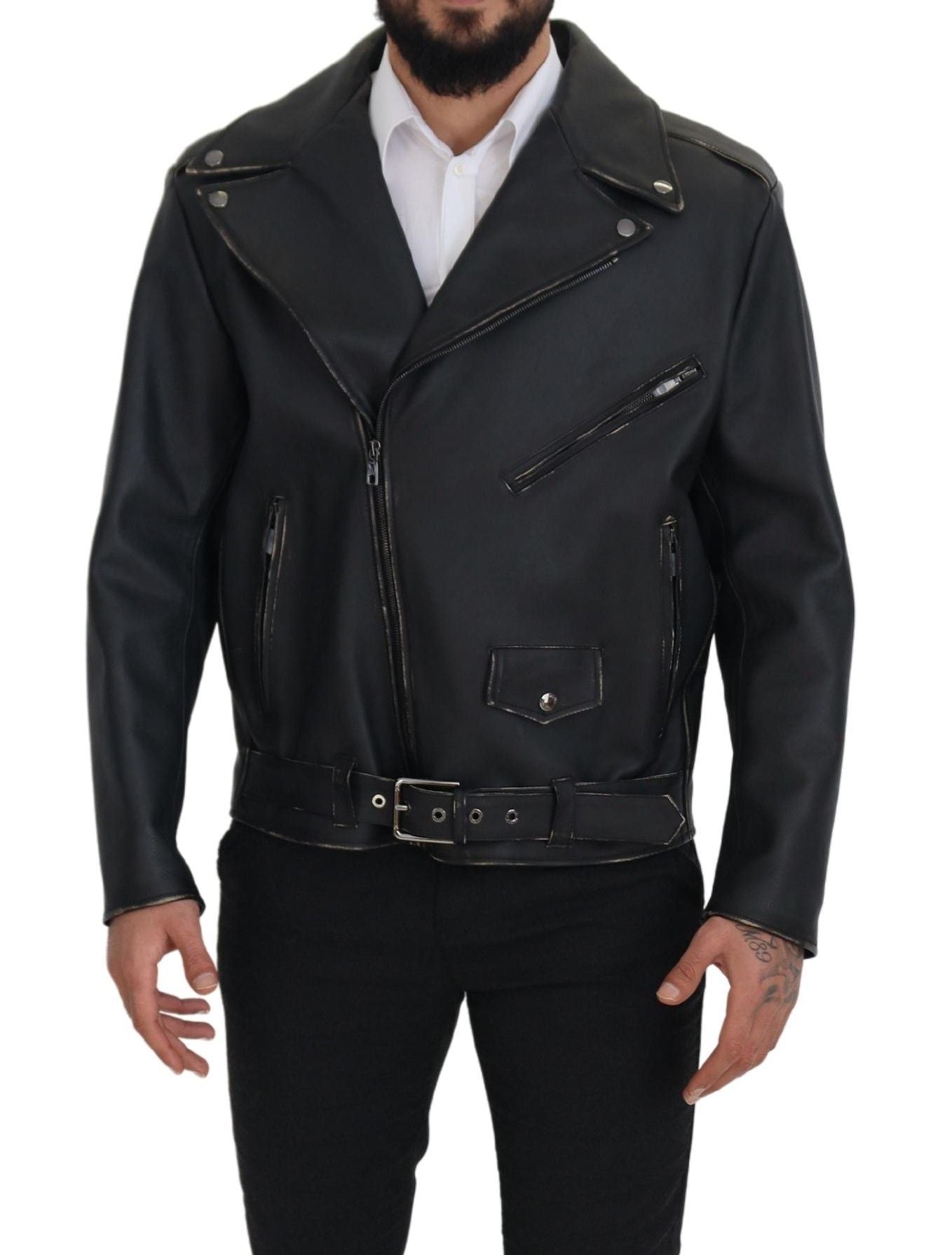 Dolce & Gabbana Black Leather Biker Coat Zipper Jacket-5