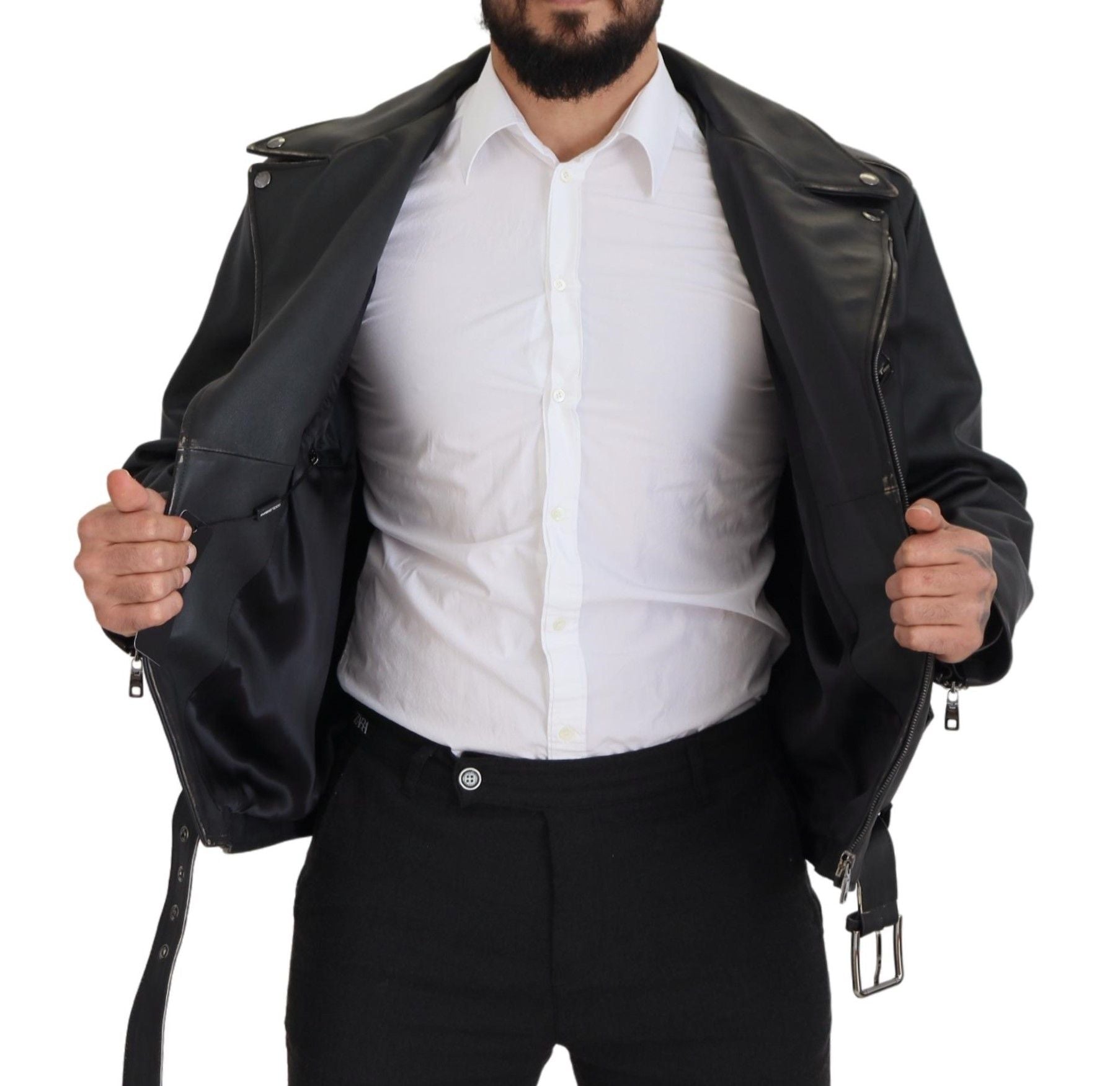 Dolce & Gabbana Black Leather Biker Coat Zipper Jacket-6