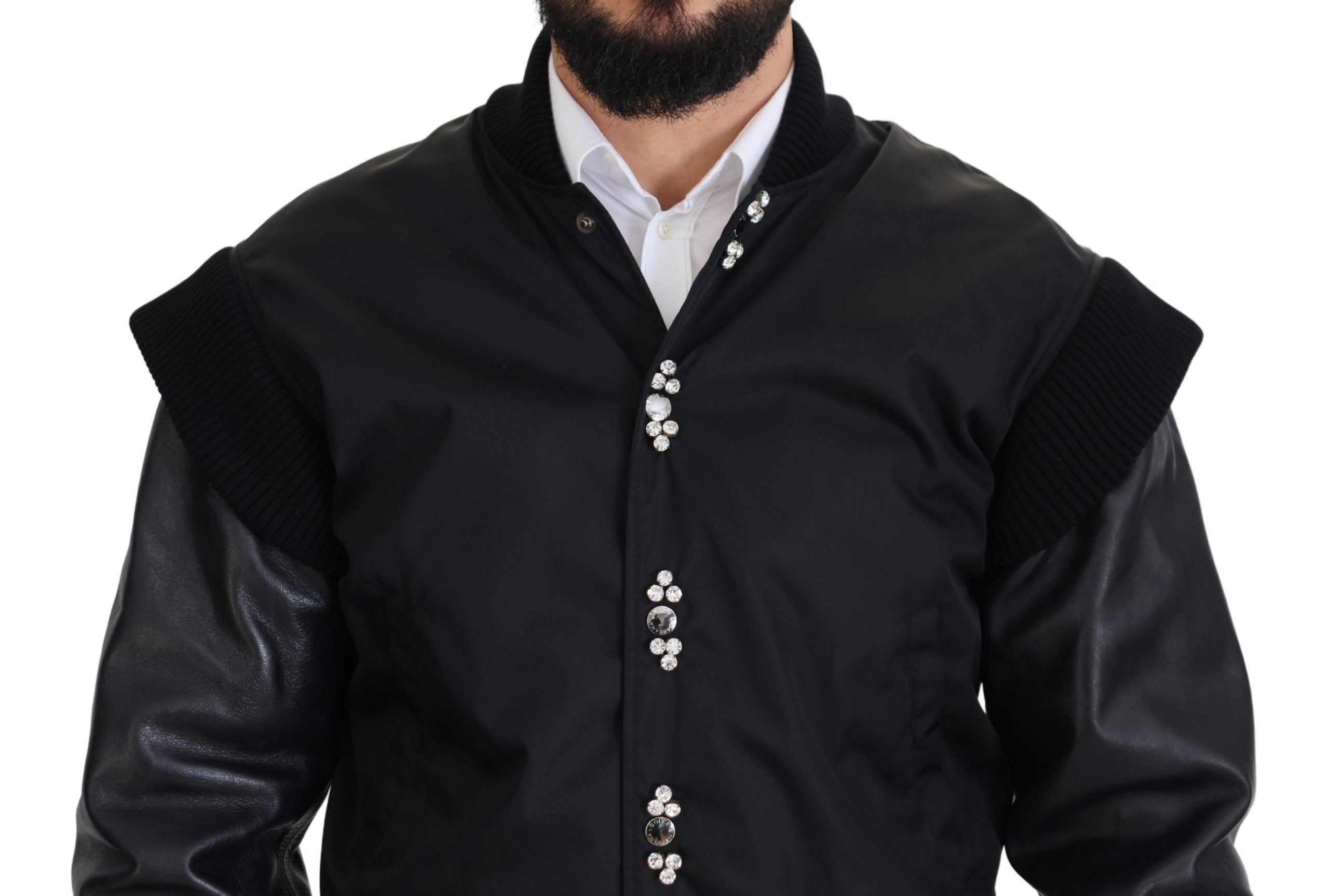 Dolce & Gabbana Black Nylon Crystal Coat Buttons Jacket-2