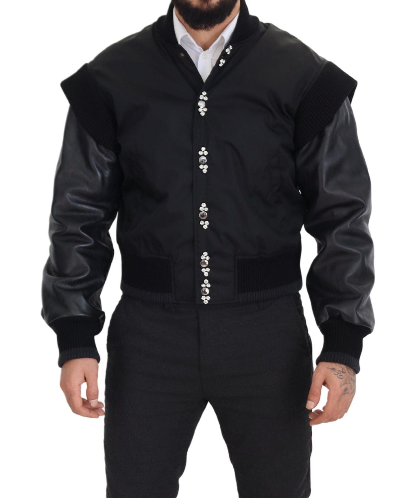 Dolce & Gabbana Black Nylon Crystal Coat Buttons Jacket-3