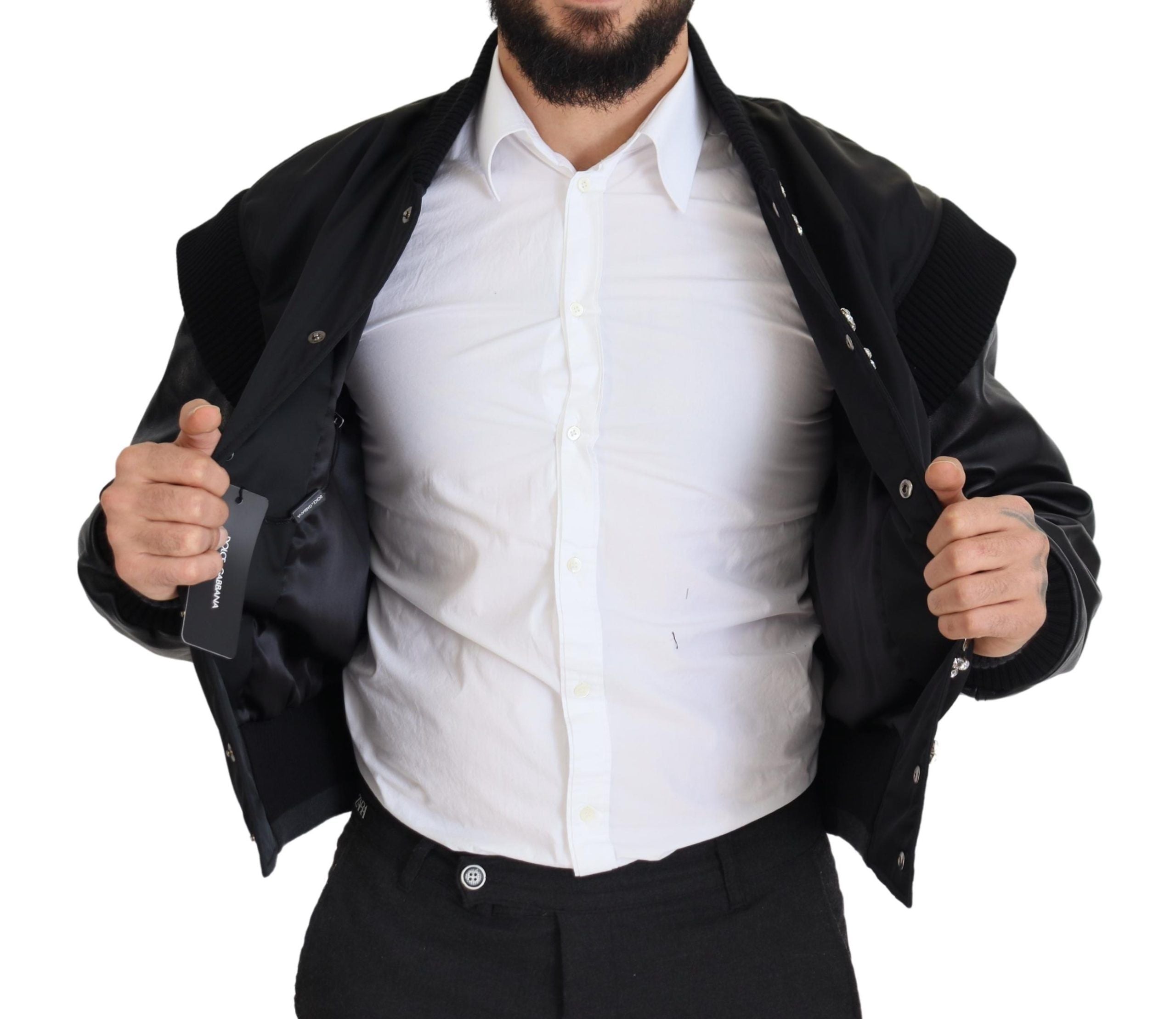 Dolce & Gabbana Black Nylon Crystal Coat Buttons Jacket-4