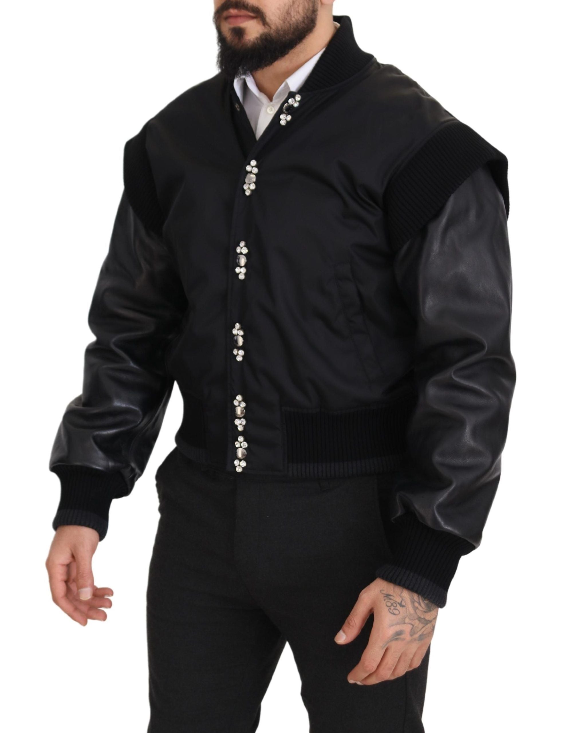 Dolce & Gabbana Black Nylon Crystal Coat Buttons Jacket-5