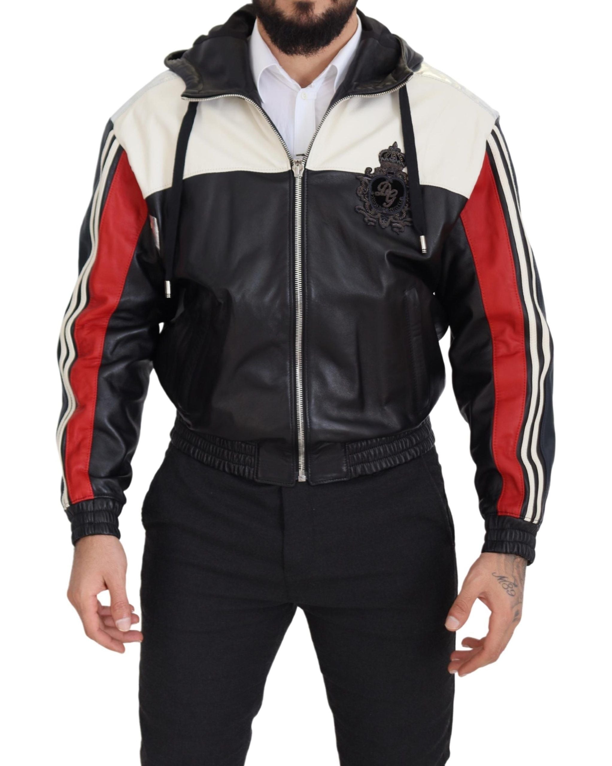 Dolce & Gabbana Black Leather Hooded Blouson Coat