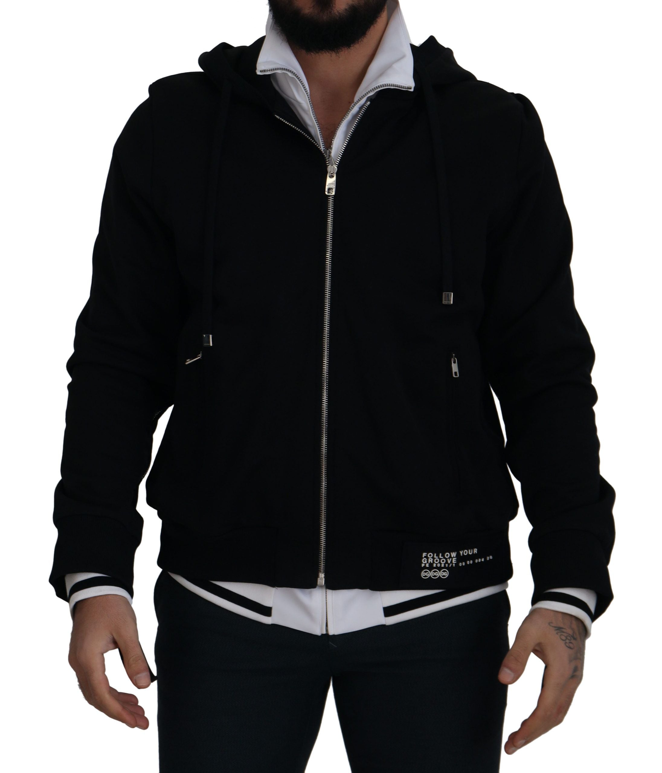 Dolce & Gabbana black polyester jacket with hood and full-length zipper