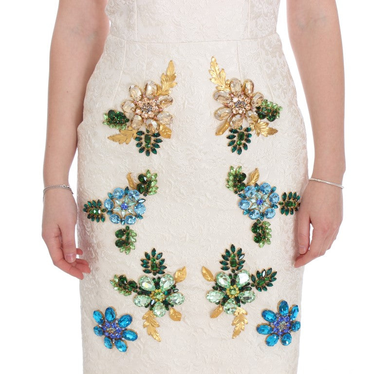 Dolce & Gabbana White Brocade Crystal Sheath Dress-6