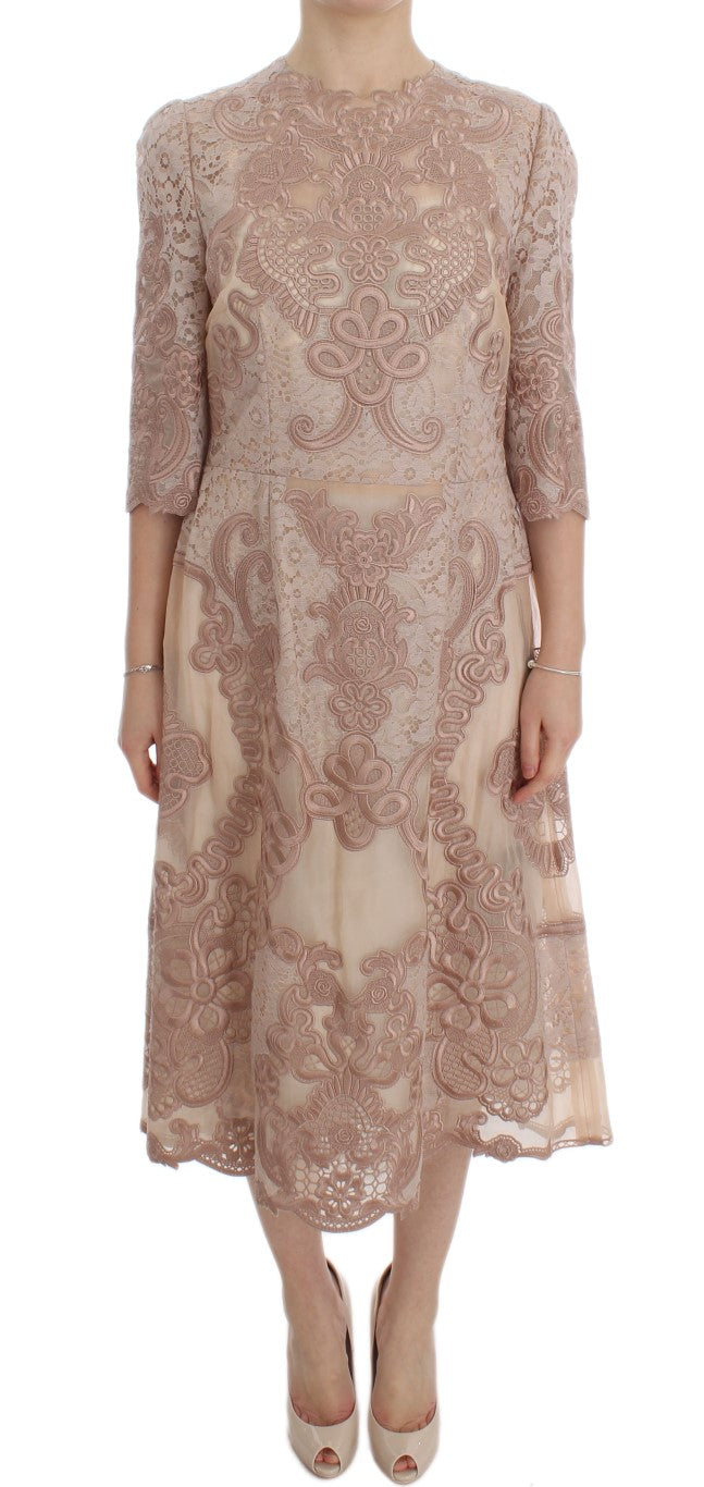 Dolce & Gabbana Pink Silk Lace Ricamo Sheath Dress