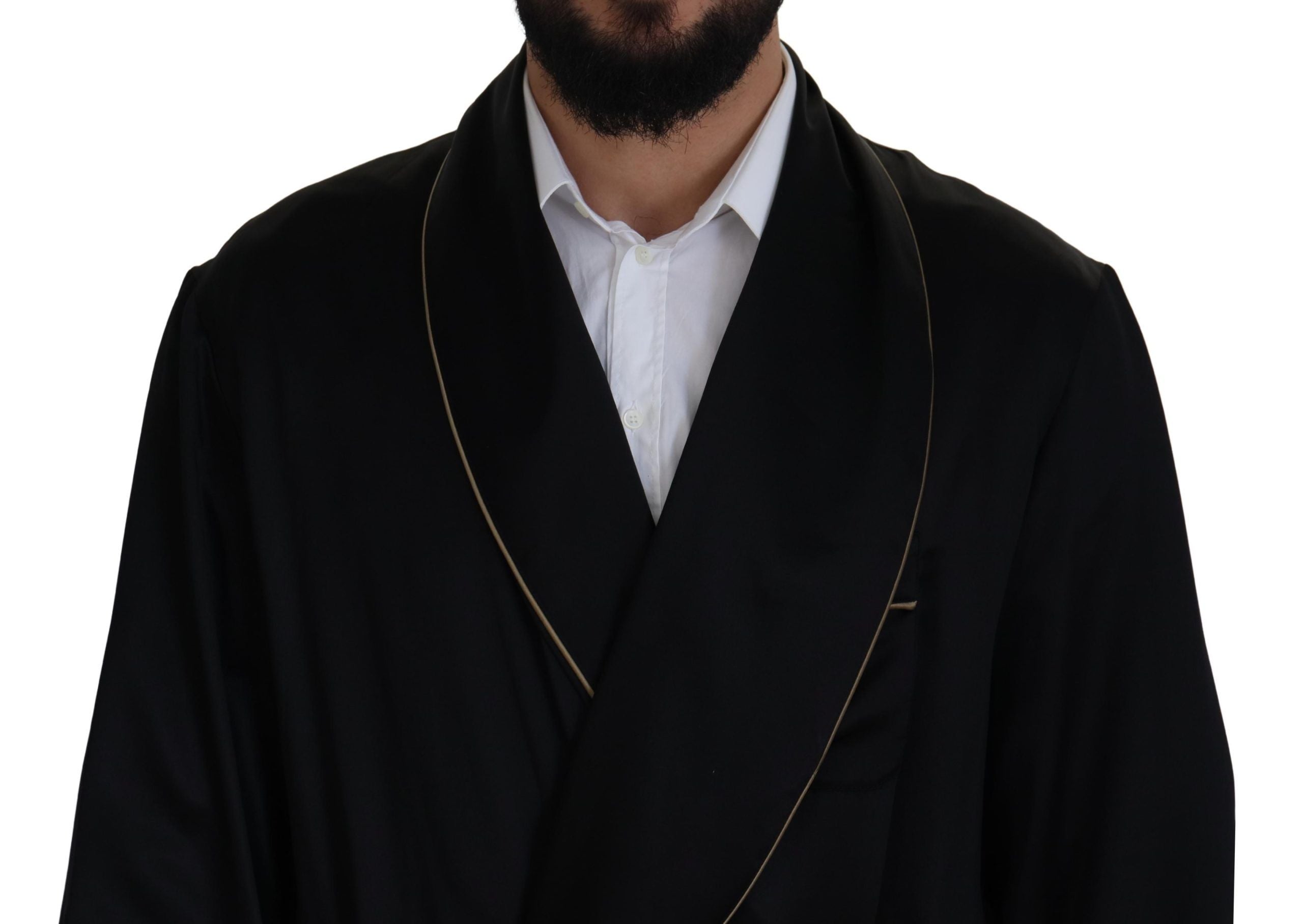 Dolce & Gabbana Black Robe Coat in 100% Silk Wrap Jacket-3