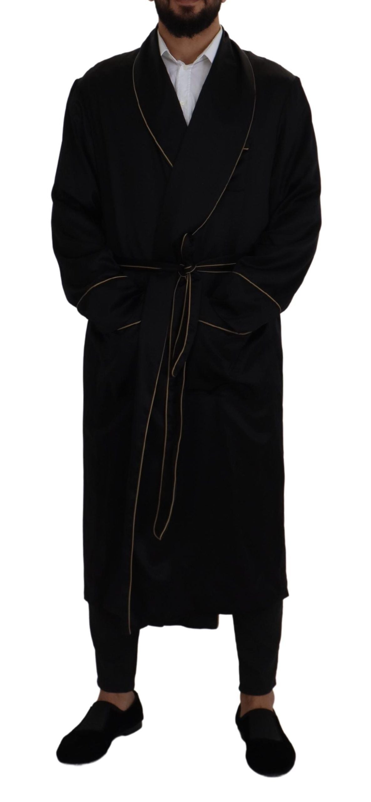 Dolce & Gabbana Black Robe Coat in 100% Silk Wrap Jacket-4