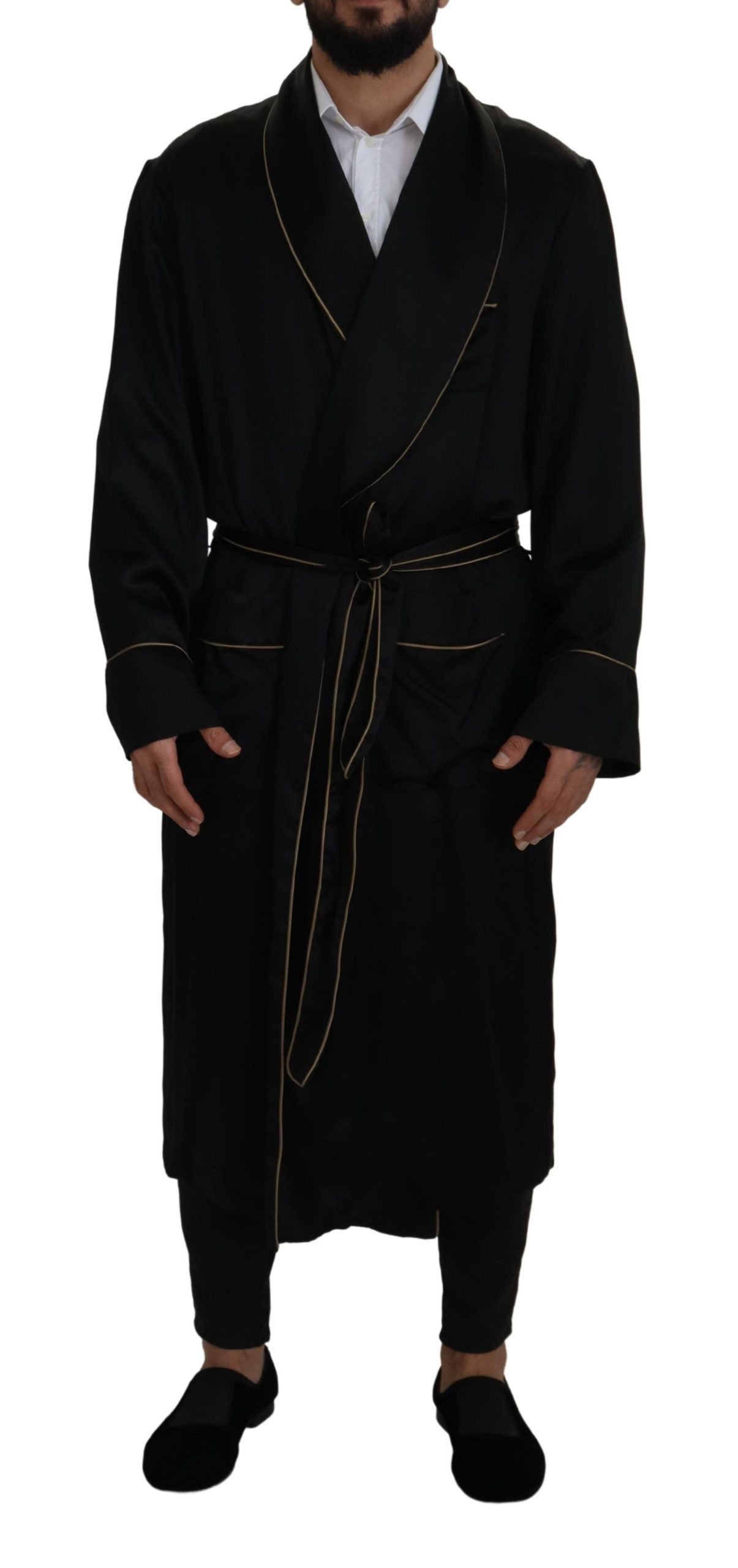 Dolce & Gabbana Black Robe Coat in 100% Silk Wrap Jacket