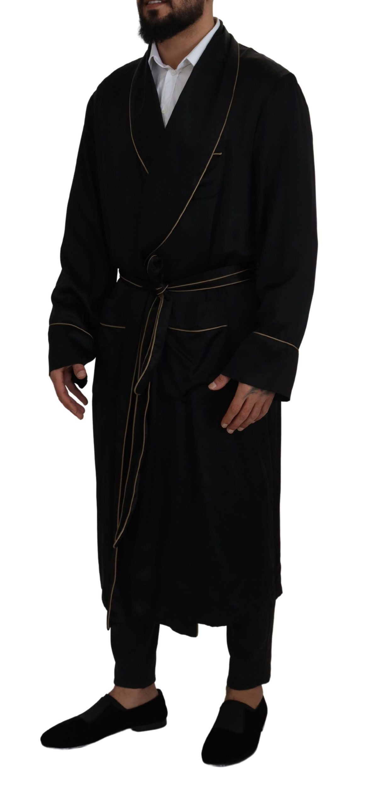 Dolce & Gabbana Black Robe Coat in 100% Silk Wrap Jacket-5