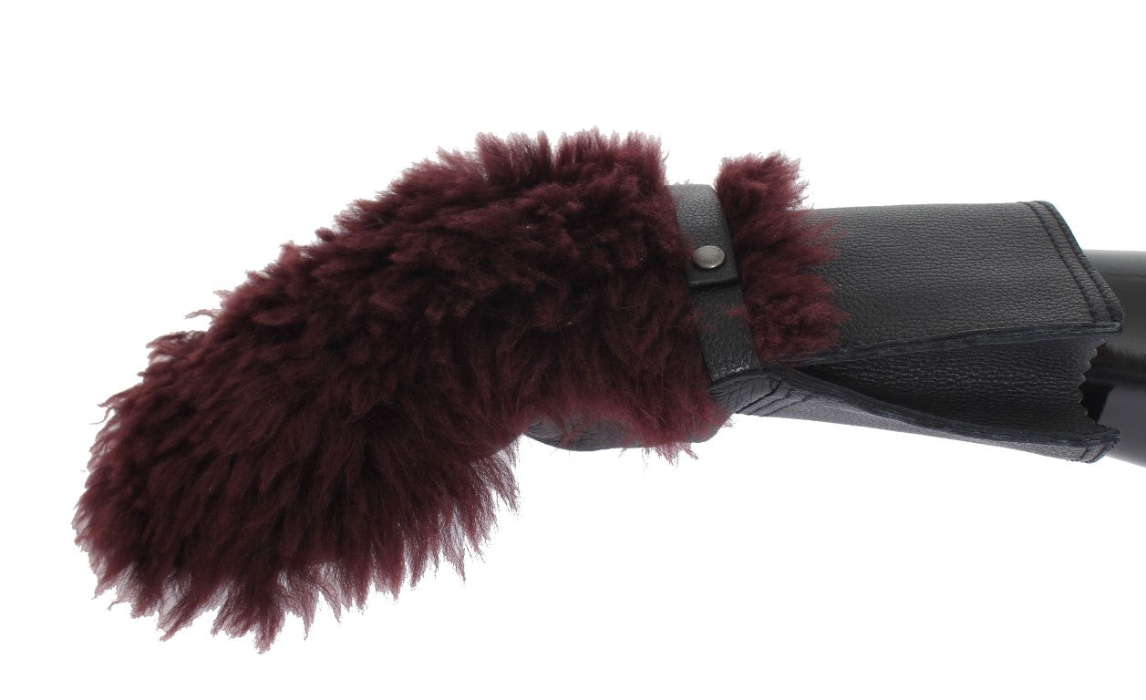 Dolce & Gabbana Black Leather Bordeaux Shearling Gloves-2