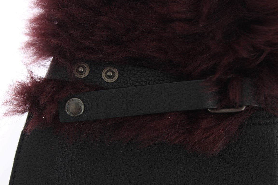 Dolce & Gabbana Black Leather Bordeaux Shearling Gloves-4