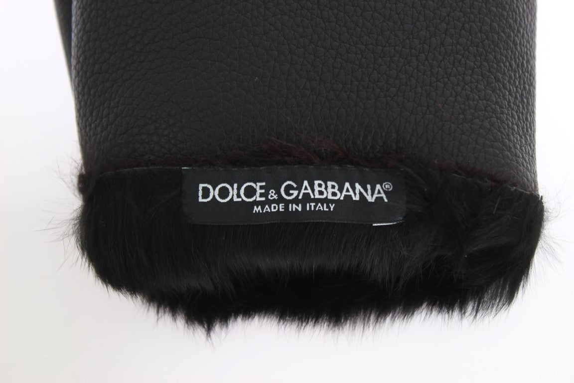 Dolce & Gabbana Black Leather Bordeaux Shearling Gloves-5