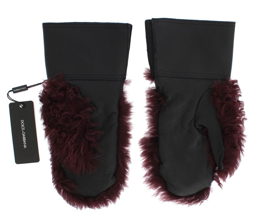 Dolce & Gabbana Black Leather Bordeaux Shearling Gloves-8