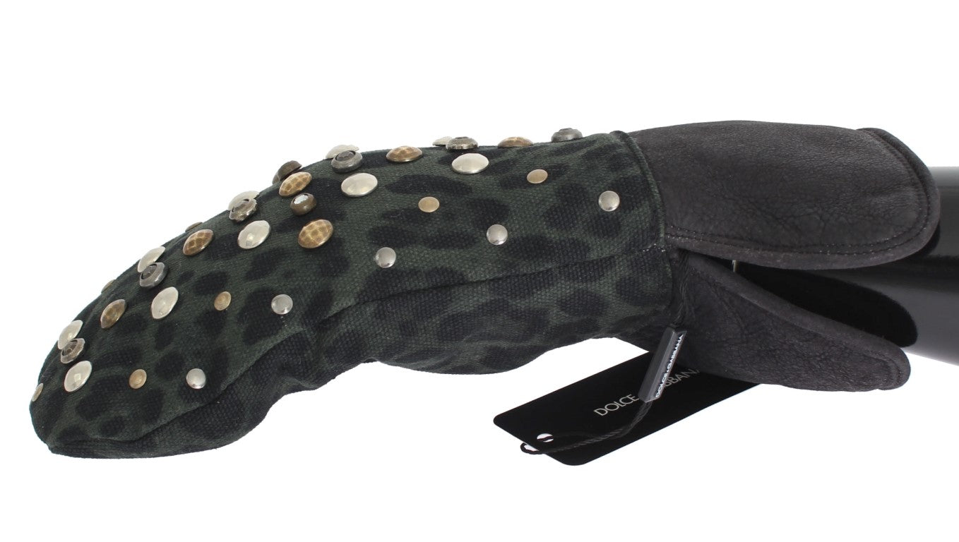 Guantes Dolce & Gabbana de lana de borrego gris con tachuelas y estampado de leopardo verde-2
