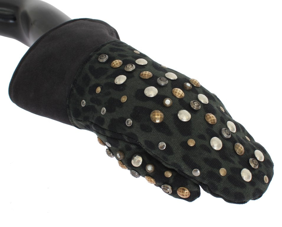 Guantes Dolce & Gabbana de lana de borrego gris con tachuelas y estampado de leopardo verde-3