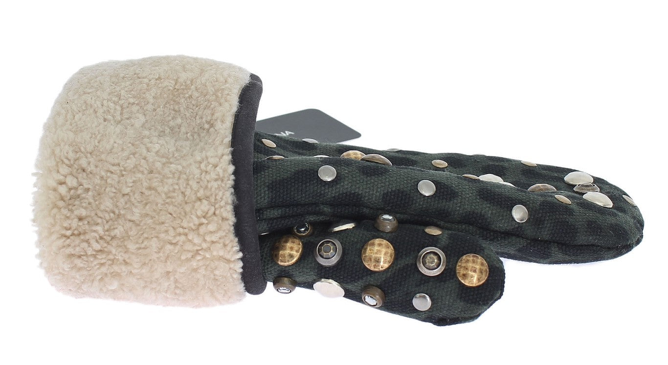 Guantes Dolce & Gabbana de lana de borrego gris con tachuelas y estampado de leopardo verde-4