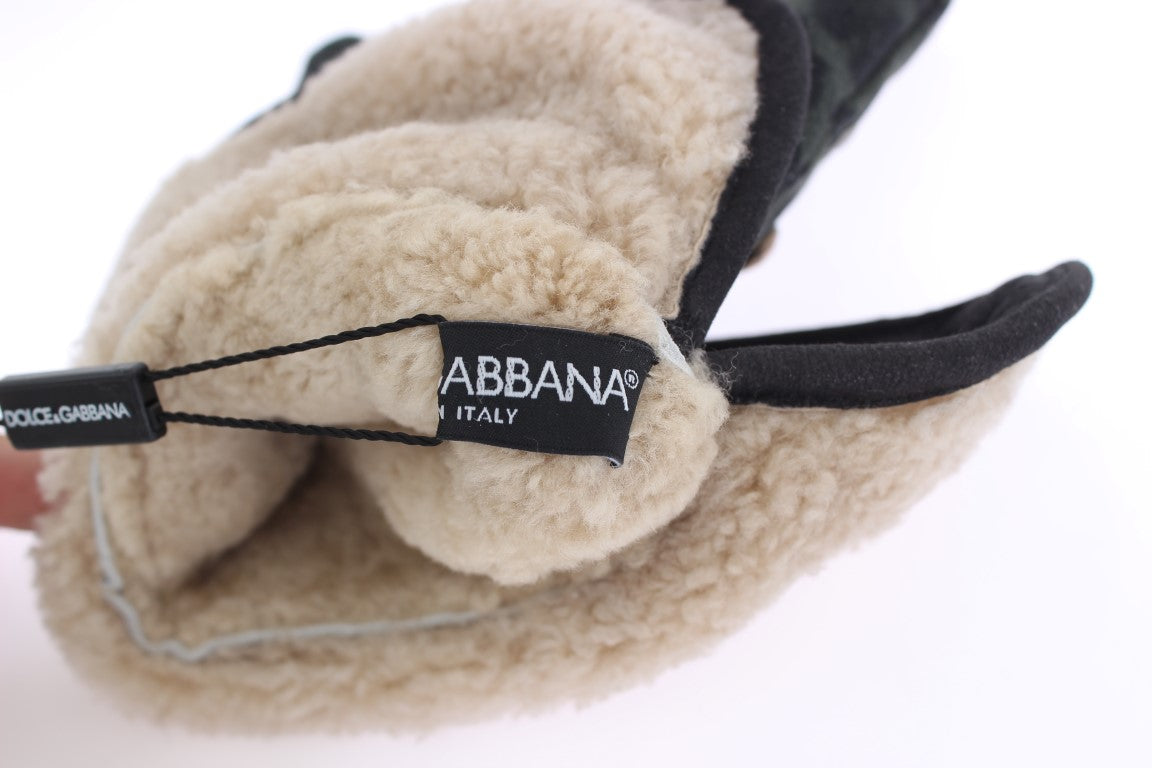Guantes Dolce & Gabbana de lana de borrego gris con tachuelas y estampado de leopardo verde-6
