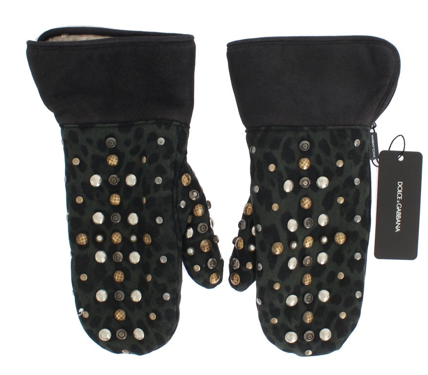 Guantes Dolce & Gabbana de lana de borrego gris con tachuelas y estampado de leopardo verde-7