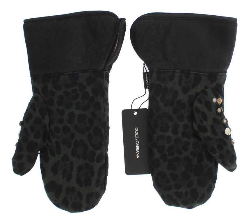 Guantes Dolce & Gabbana de lana de borrego gris con tachuelas y estampado de leopardo verde-8