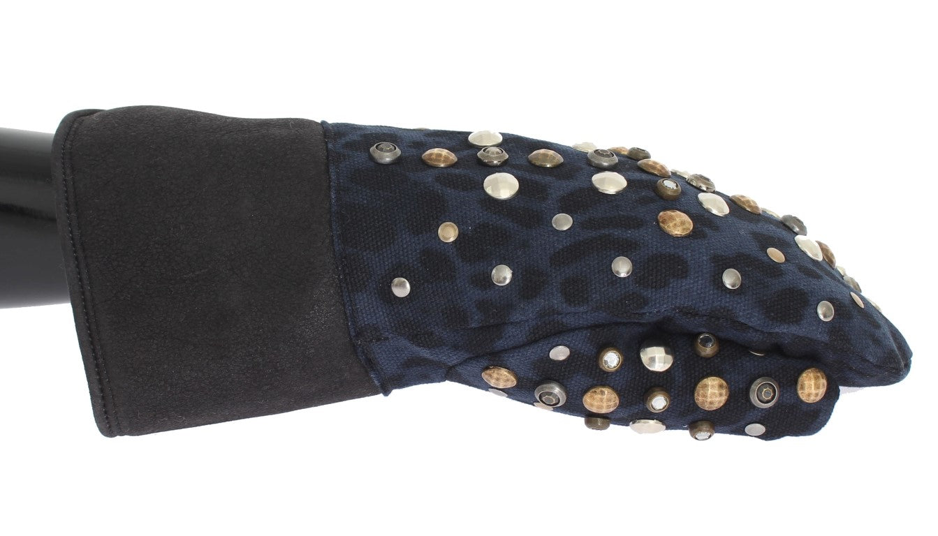 Dolce & Gabbana grey wool shearling gloves with studs and blue leopard print