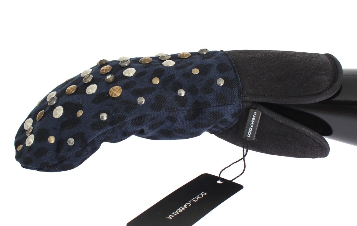 Dolce & Gabbana grey wool shearling gloves with studs and blue leopard print-2