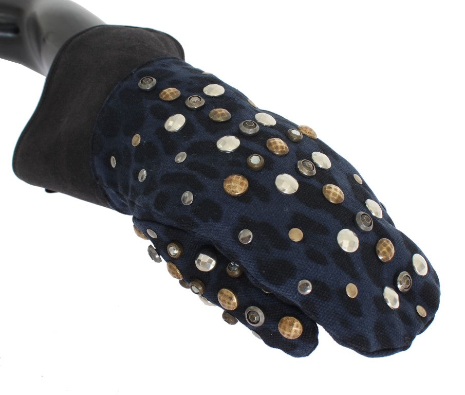 Dolce & Gabbana grey wool shearling gloves with studs and blue leopard print-3