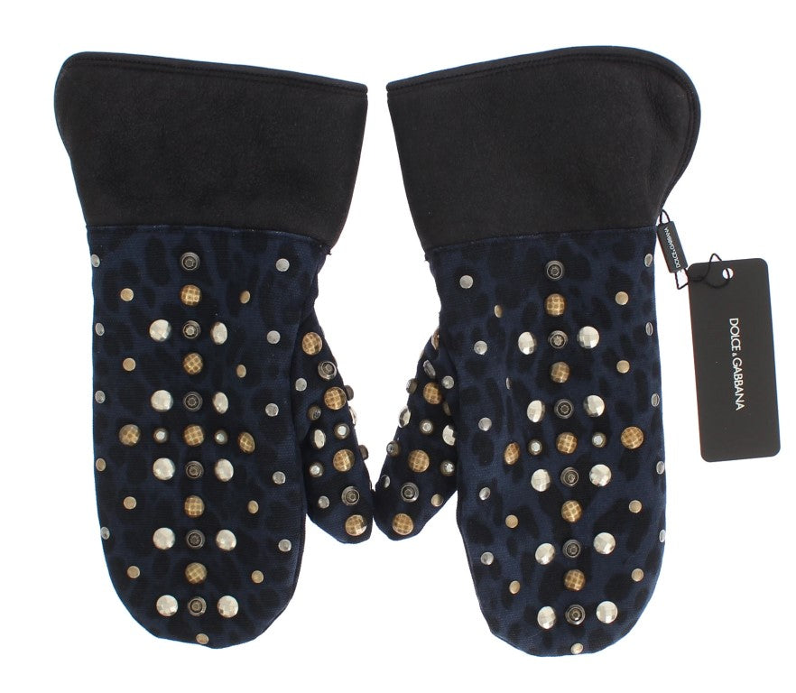 Dolce & Gabbana grey wool shearling gloves with studs and blue leopard print-4