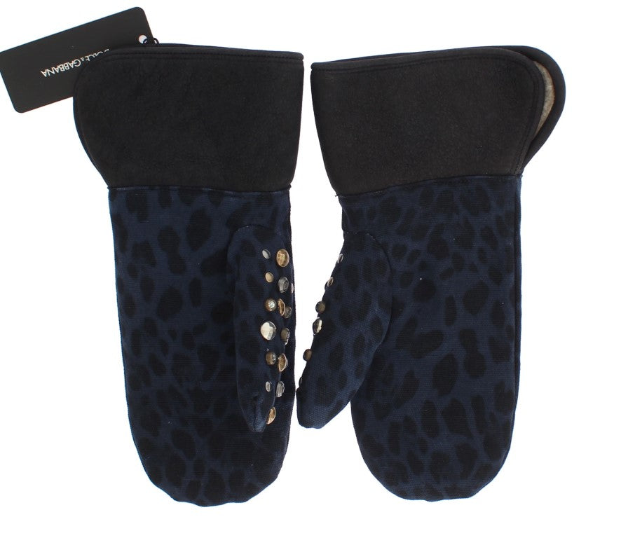 Dolce & Gabbana grey wool shearling gloves with studs and blue leopard print-5