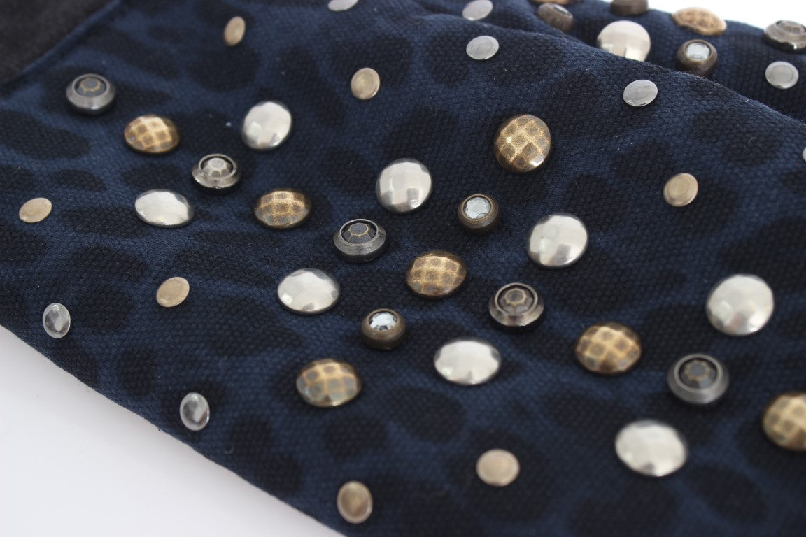 Dolce & Gabbana grey wool shearling gloves with studs and blue leopard print-6