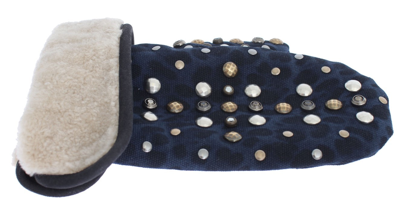 Dolce & Gabbana grey wool shearling gloves with studs and blue leopard print-7