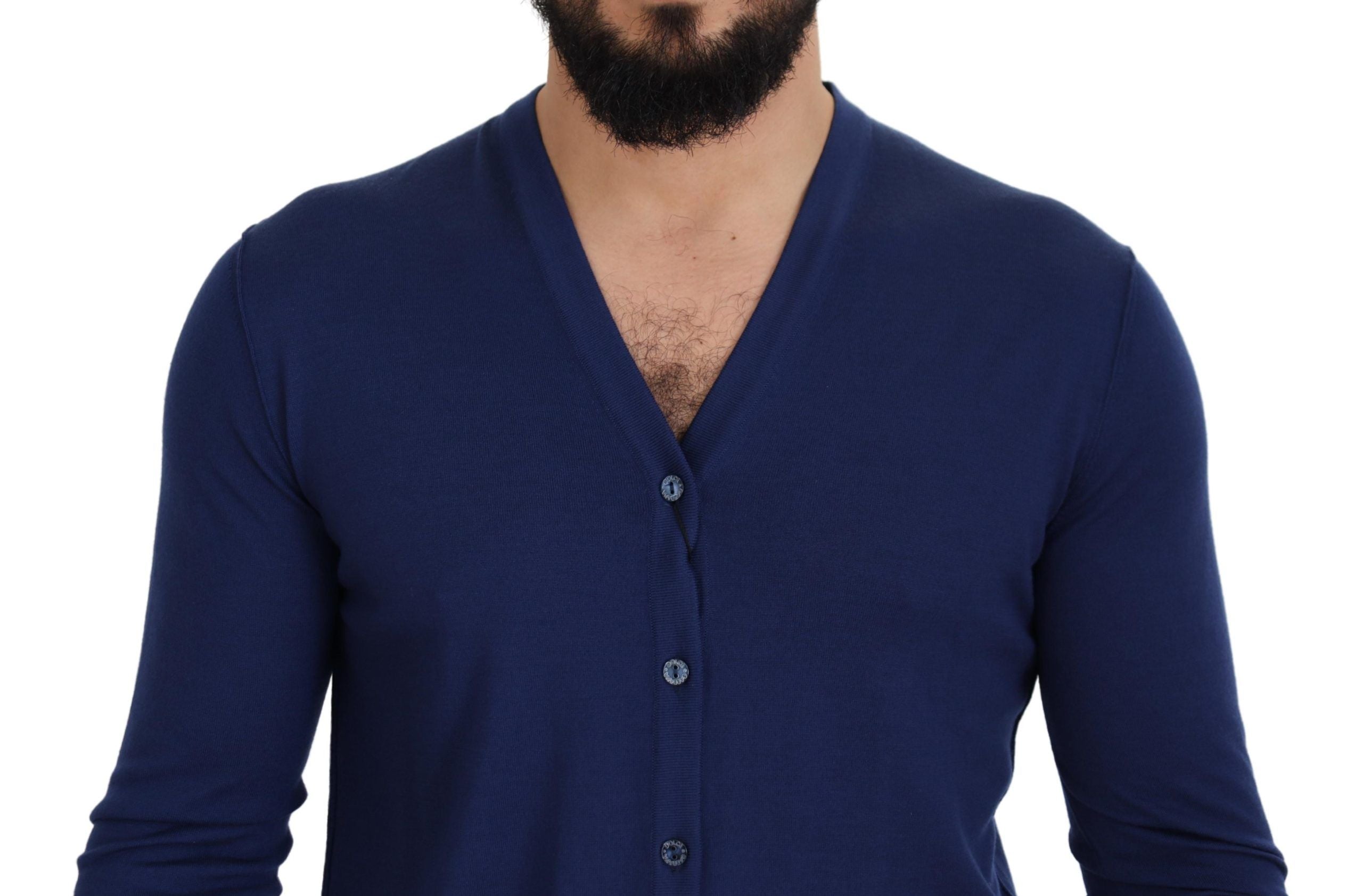 Cárdigan de lana azul Dolce & Gabbana con cuello de pico y tapeta de botones-3