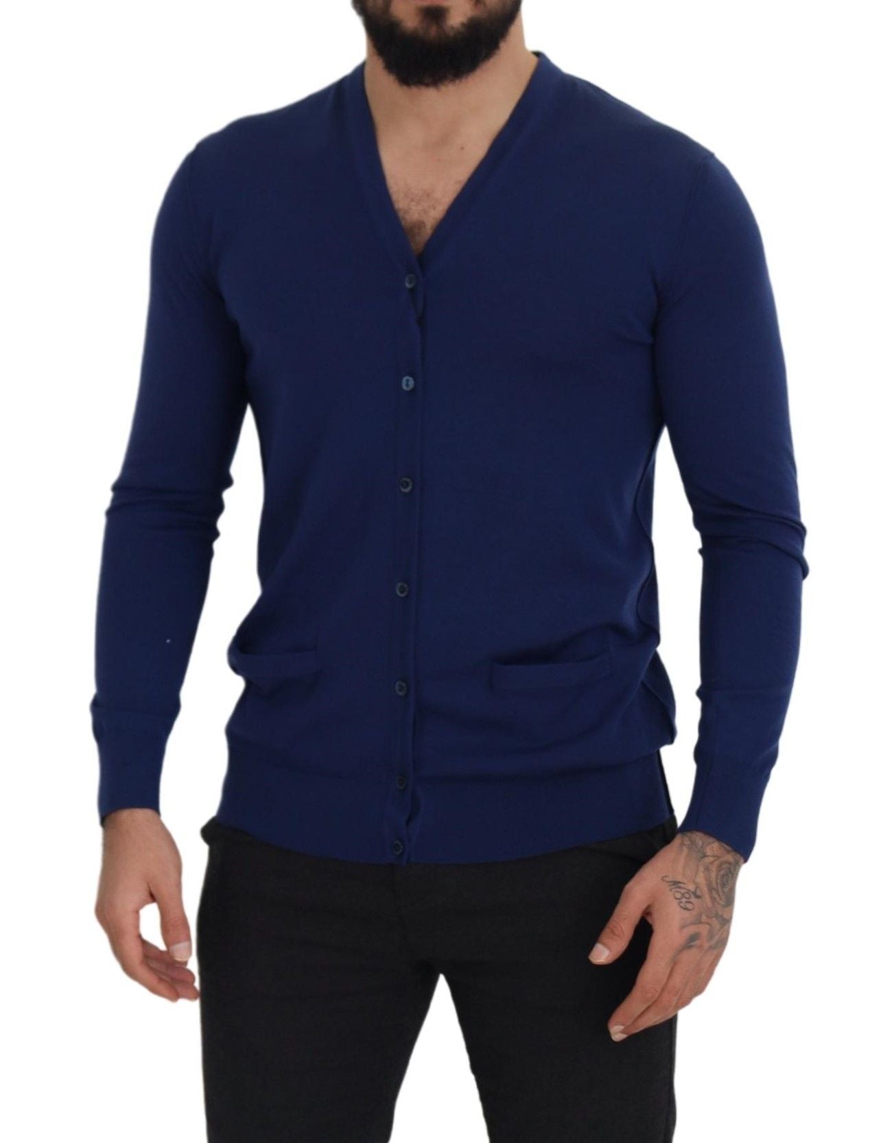 Cárdigan de lana azul Dolce & Gabbana con cuello de pico y tapeta de botones-4